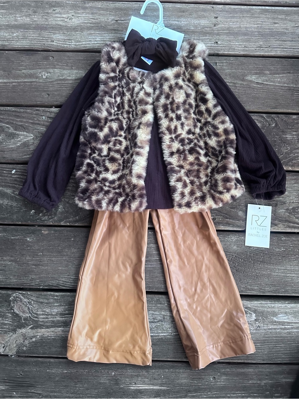 Rachel Zoe Girls Leopard Faux Fur Vest with Brown Top & Tan Pants Set 4 piece